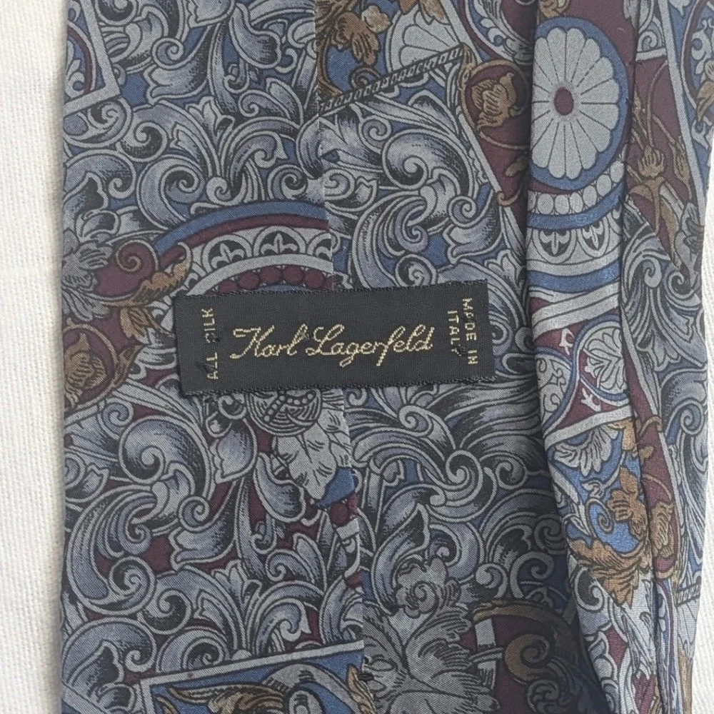 Vintage 70s Karl Lagerfeld Mens Silk Tie Blue Burgundy Gold Baroque Floral Italy